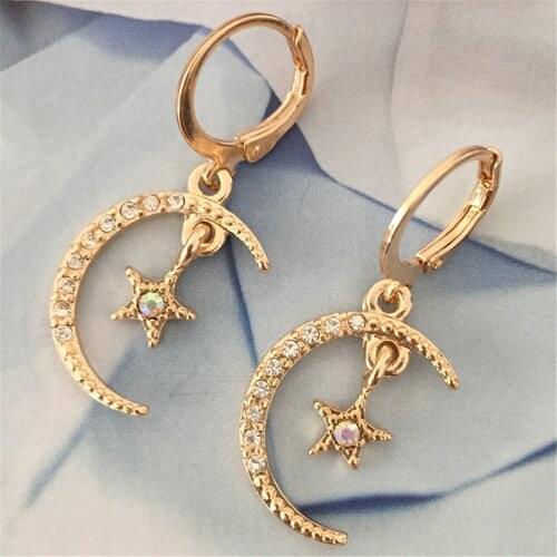 Gold Color Shiny Moon and Star Dangle Drop Earrings Wedding Pendant Earrings Fashion Korean Jewelry Earrings