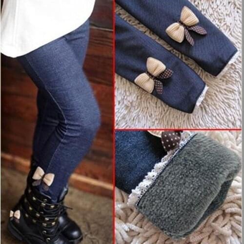 New Kids Girls Jean Bow Pants Cotton Cashmere Pants Elastic Waist Girls Legging Warm Pants Winter Spring Children winter Pants