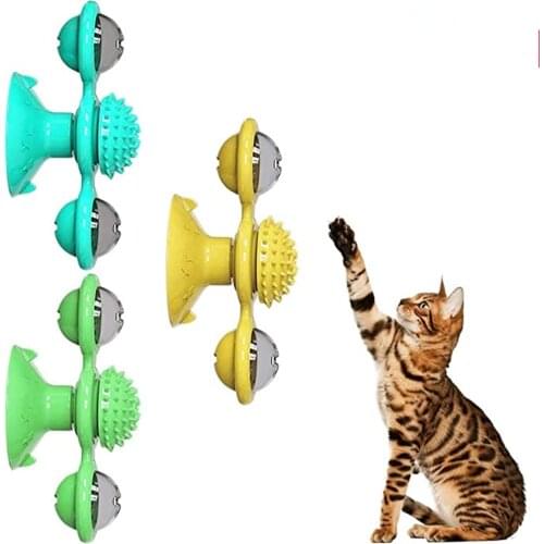 Interactive Cat Toy Windmill Portable Scratch Hair Brush Grooming Shedding Massage Suction Cup Catnip Cats Puzzle Training Toy