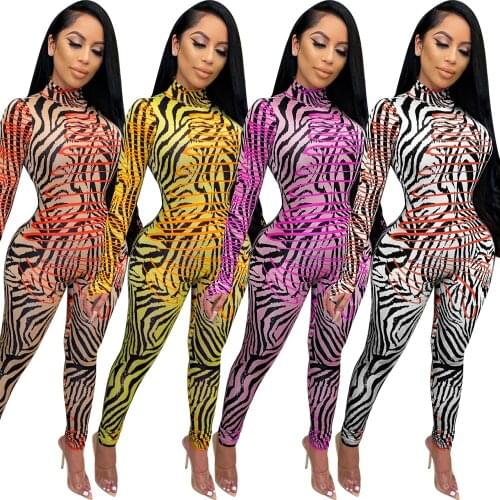 Zebra Pattern Striped Print Body Jumpsuit Women Sexy Turtleneck Long Sleeve Leggings Bodycon Club Romper Women Jumpsuit Overalls