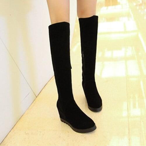 Lady Thick Bottom Platform Over The Knee-Height Boots Larger Size 34-43 Flock Zipper Long Botas High Increasing Heel Women Pumps