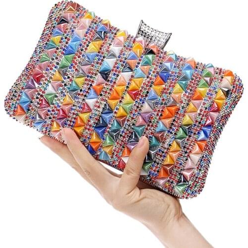 Colorful Diamond Women Party Clutches Metal Handle Chain Crystal Prom Evening Wedding Bridal Wristlets Bag