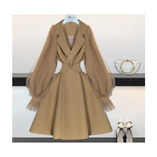 Yuerwang Women Trench Coat Vintage Women Coat Khaki Leisure Long Coats Mesh Patchwork Lantern Sleeve Woman Clothes 2021 new