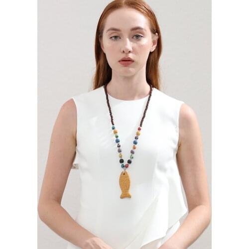 Colored Nature Lava Stone Beads Fish Necklace Jewellery For Women Long Statement Bohemian Pendants Female Suspension Accessories