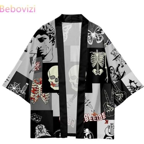 Plus Size 5XL 6XL Skull Print Beach Japanese Style Kimono Streetwear Men Women Cardigan Cosplay Haori Yukata Harajuku Tops Robe