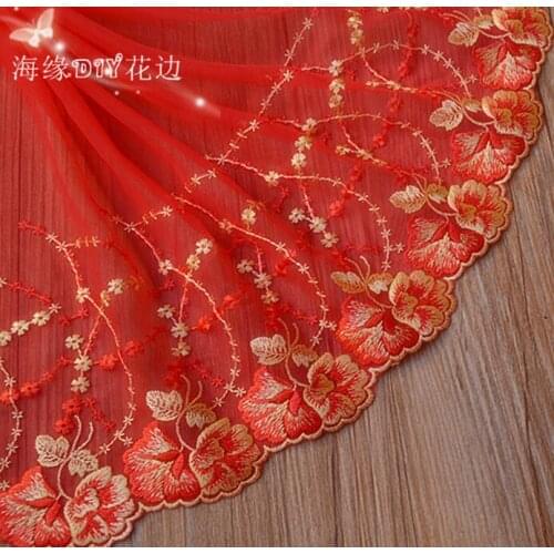 1 Yard 24cm Width Lace Ribbon DIY Embroidered Net Red with Gold Lace Trim Fabric Ribbons For Sewing Decoration Supplies