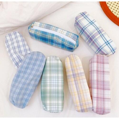 Students Plaid Grid Pattern Pencil Case Kawaii Sweet Large capacity Pencil Bag 7 Colors PU Pencil Box School Stationery Supplies