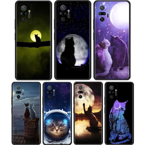 Space Moon Cute Cats Cover For Xiaomi Redmi Note 10 Pro 8T 9T 7 8 9 Pro 9S 10 5G 9A 8 Pro Cell Phone Case Black Soft Shell Coque