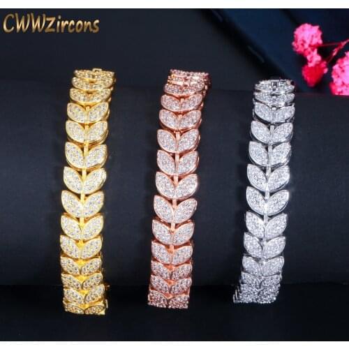 CWWZircons Luxury Fashion Leaf Shape Micro Pave Cubic Zirconia Stone Rose Gold Color Ladies Wedding Party Bracelets Bangle CB250