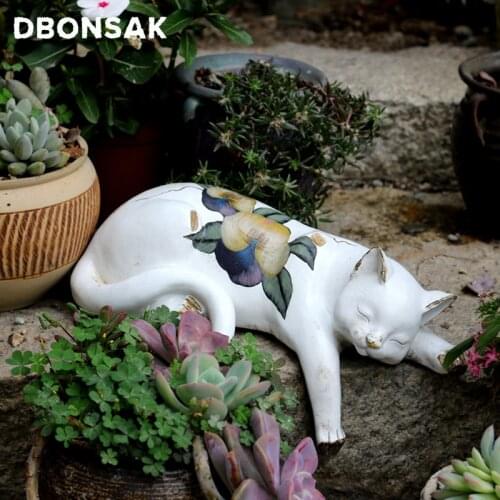 Lazy Cat Sculpture Animal White Cat Statue Resin Flower Cat Kitty Lawn Landscape Animal Crafts Sculpture Flower Stand Decor