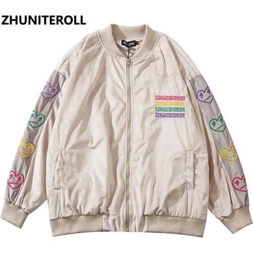 Harajuku Patchwork Heart Jacket Men Bomber Fashion Casual Baseball Coats Hip Hop Streetwear High Street Tops College Clothing