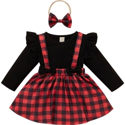 3Pcs Little Girls Outfit Solid Color Fly Long Sleeve Round Collar Tops + Plaid Suspender Skirt + Bow Headwear Set Outfits