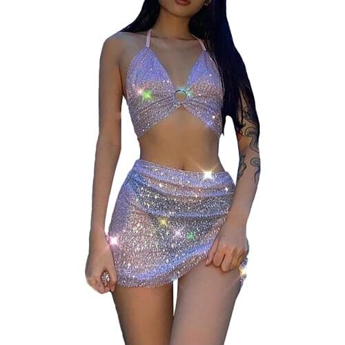 Short Suit Fashion Sexy Backless Navel Lace Up Perspective Bright Silk Suit See Through Two Piece Set Women Топ И Юбка Комплект