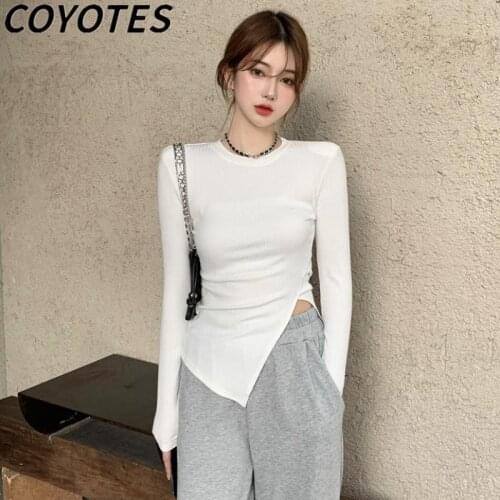 COYOTES Women T-shirts Solid Basic Irregular Bottoming Long Sleeve Tops Womens T-shirts Slim Fashion Korean Casual White Black