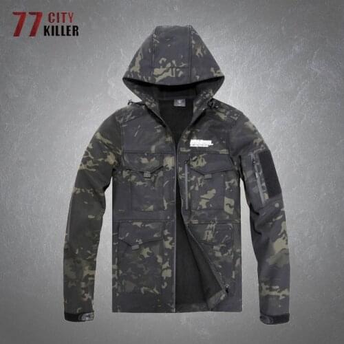 Soft Shell Camouflage Jacket Men Military Training Bomber Tactical Coats Male Winter Fleece Warm Multiple Pockets Hooded Jackets