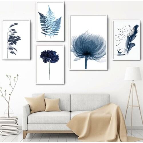 Nordic Plant Canvas Painting Wall Art Pictures Watercolor Blue Leaf Flower Wall Poster Bedroom Living Room Decor