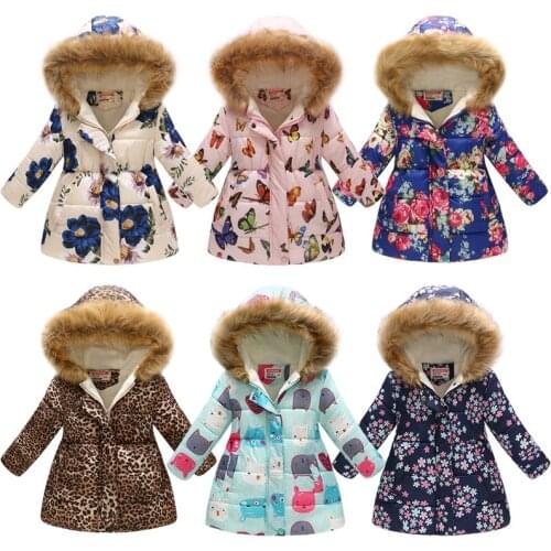 Autumn Winter New Childrens Clothing Girls Printed Children Long Fur Collar Hooded Cotton-Padded Coats