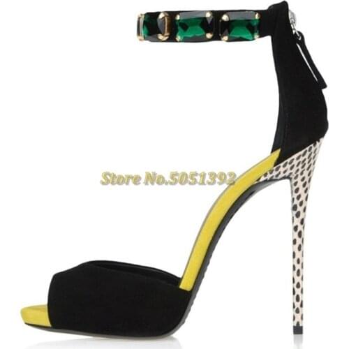 Crystal Thin High Heel Sandals Peep Toe Dress Women High Heel Shoes Mixed Color Patchwork Back Zipper Summer Ladies Shoes