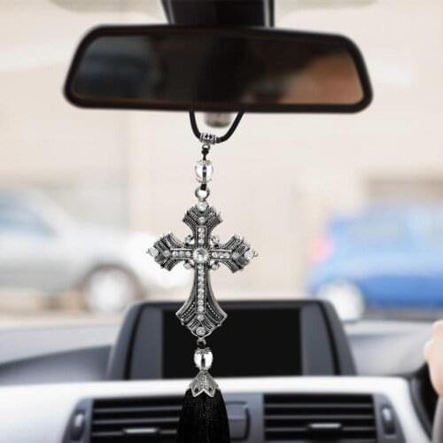 Rhinestone Cross Jesus Christian Car Rear View Mirror Hanging Pendant Decor