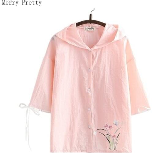 2021 Summer Women Thin Hooded Jackets Floral Print Short Sleeve Single-breasted Jacket Sweet Style Female Oversize Coat
