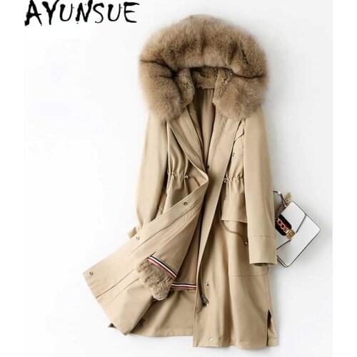 AYUNSUE Womens Winter Parka 2021 Autumn Real Rex Rabbit Fur Liner Coat Female Hooded Fox Fur Collar Jacket Manteau Femme Gxy483