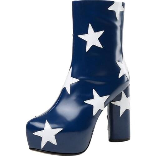 Autumn Star Pattern Womens Fashion Ankle Boots High Heeled Thick Platform Ladies Shoes with Side Zipper Party Wedding Plus Size