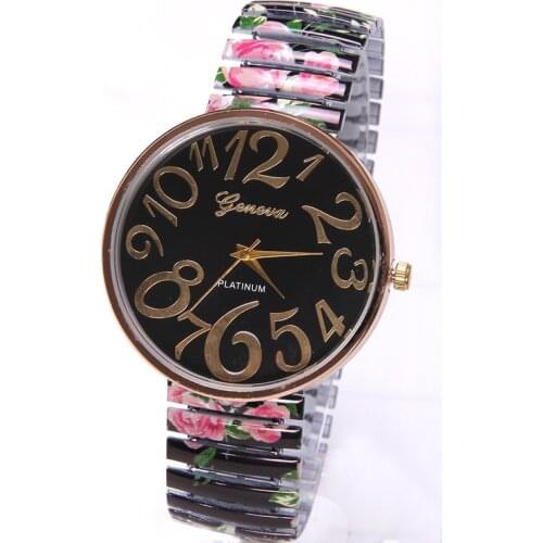 NEW Big Numbers Geneva Flowers Watch Metal Flexi Print Band casual dress Korean wristwatch Woman Fashion Golden Rim