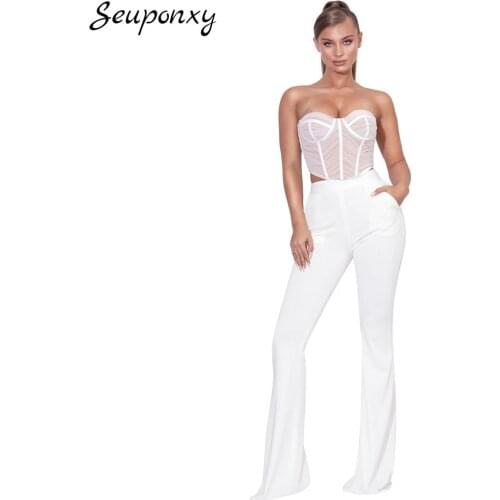 High Quality 2021 Summer Elegant WomenS Bandage 2 Two-Piece Set Sexy Mesh Pleated Short Top + Wide Leg Pants Party White Set