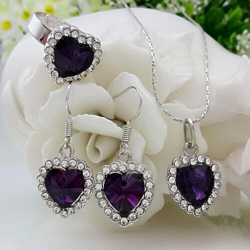 QiLeSen Fine jewelry 925 sterling silver suitable for ladies set, Heart of Ocean Deep Purple Necklace Earring Ring Set YW164