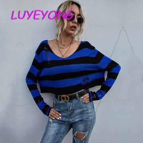 Goth Pullover Loose Women Sweater 2020 Gothic Lady Hollow Out Short-length Jumper Long-sleeve Black Blue Striped V Neck Sweaters