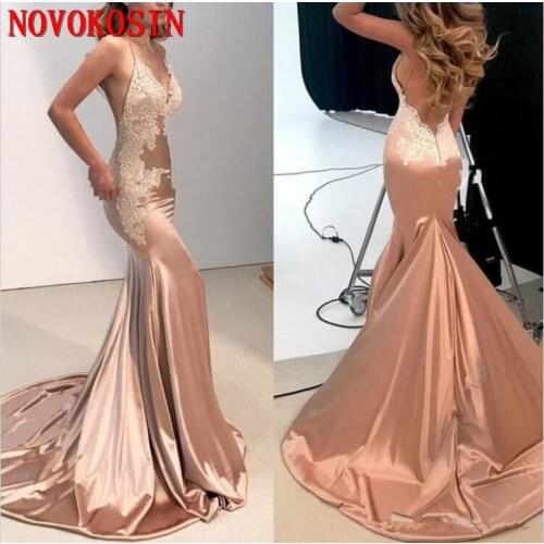 Mermaid Prom Evening Dresses Spaghetti Backless Satin Sweep Train Applique 2019 Sexy Party Pageant Dress Backless Evening Gown