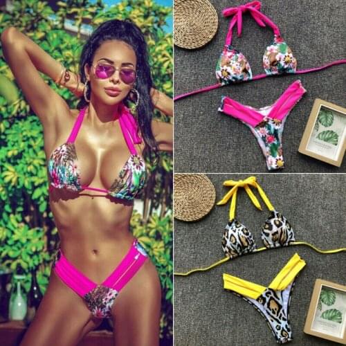 UK Women Leopard Low Waist Sexy Bikini Seaside Swimwear Bathing Suit Beach Swimsuit Bandage Beachwear Rose Red YellowBrazilian