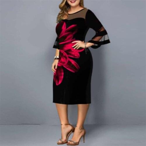 Plus Size Summer Womens Dress Elegant Mesh Bodycon Floral Print Party Dress Club Night Outfits Big Size Dress For Women 5XL 6XL