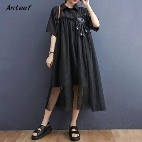 Short sleeve black mesh vintage dresses for women casual loose woman summer dress elegant clothes 2021 sundress