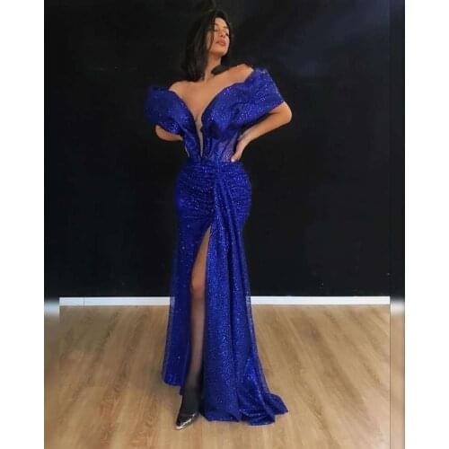 Vestido Royal Blue Sparkly Celebrity Dresses 2020 Off Shoulder Mermaid Elegant Cocktail Dress Long Evening Gowns вечернее платье