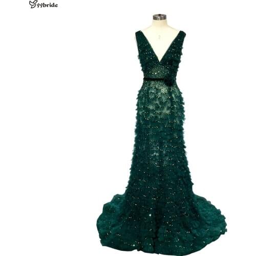 YYbride New Dark Green Dresses V-neck and Backless Mermaid Prom Dresses Beading Crystals Tulle Squama Floor Length Evening Dress