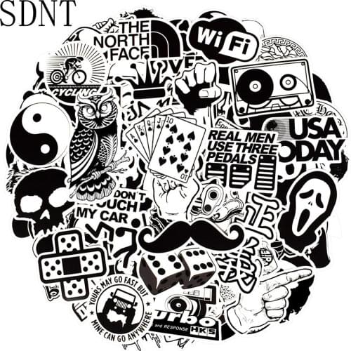 100 PCS Black and White Stickers Mixed Random Graffiti Rock Punk Cartoon Cool Stickers to DIY Laptop Suitcase Helmet Skateboard