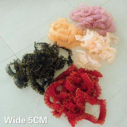 5CM Wide Luxury Organza 3d Pleated Laces Ribbon Guipure Embroidered Lace Fabric Gold Edge Trim Wedding Dress DIY Sewing Ornament