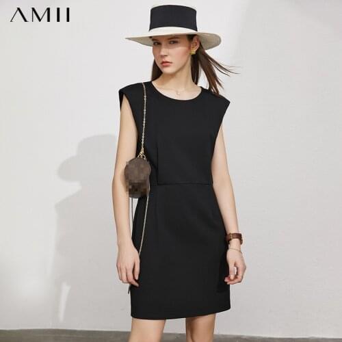 Amii Minimalism Summer Dress For Women Offical Lady Solid Oneck Slim Fit Knee-length Causal Womens Summer Dress 12130201