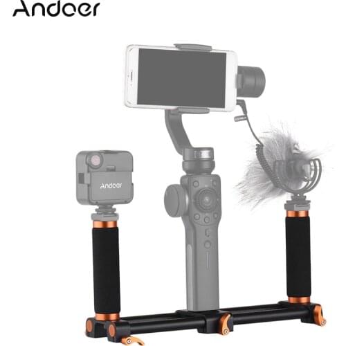 Andoer Dual Handheld Grip Bracket Kit Double Hot Shoes Gimbal 1/4 Inch Screw Mounts Extended Handle for Zhiyun Feiyu Stabilizer