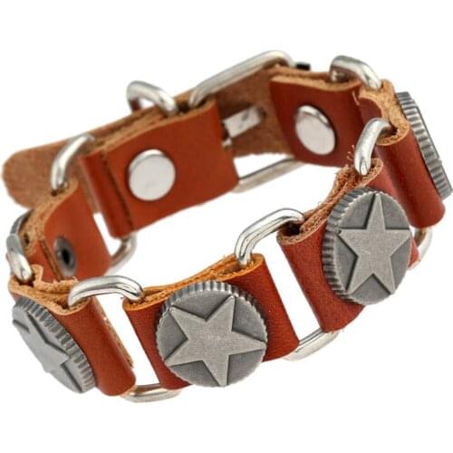 Fashion Punk Casual Unisex Cuff Bracelet Vintage Retro Star Charms Genuine Leather Belt Wristbands Adjustable Bangle Men Jewelry