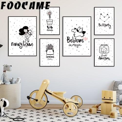 Flower Girl Star Unicorn Cartoon Painting Wall Canvas Print Art Poster Picture Nordic Kids Decoration Nursery Childrens Room