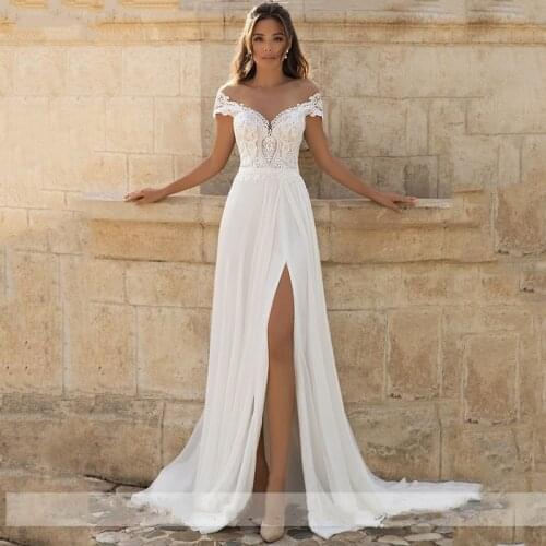 Elegant Beach Wedding Dresses 2021 Side Split Top Lace Boho Bridal Gown Sexy Lace Applique Custom Made Party Vestidos de Novia