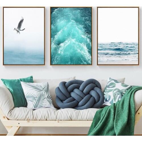 Blue Sea And Sky Nordic Landscape Canvas Painting Free Seagull Waves Beach Art Poster Living Room Decor Seabirds Wall