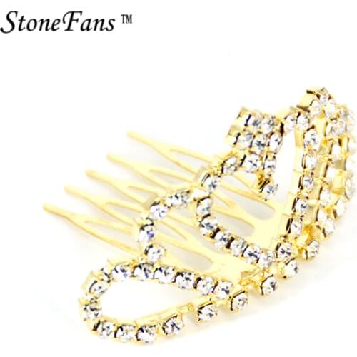 StoneFans Heart Princess Hair Crown For Women Pageant Gold Rhinestone Crystal Small Wedding Bridal Hair Comb Jewelry Cute Tiara