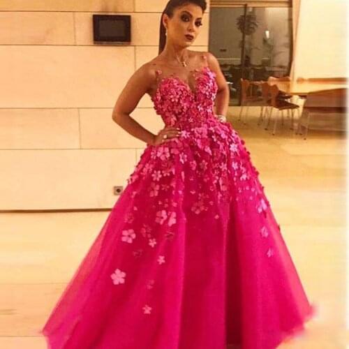 Beautiful Fuchsia Puffy Skirt Abric Dubai Evening Dresses O Neck Hand Made Flower Formal Gown Tulle Floor Length Prom Dress