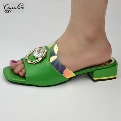 Nice Green Slippers African Lady Medium Heel Shoes With Stones For Party 86-6 Heel Height 4CM, 5 Color