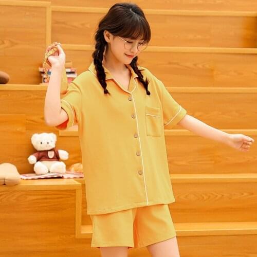 Summer Women Pajamas Set Korean Sweet Yellow Maiden Sleepwear Cotton Short Sleeve Cardigan Two-Piece Suit Homewear Sexy Pajamas