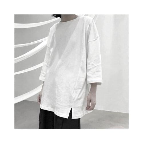 Summer loose design sense minority seven-sleeve pure color short-sleeve t-shirt men and women white t-shirt fashion