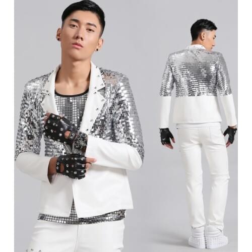 Rock punk silver sequins blazer men latest coat designs suit men costume homme terno white rivets suits for mens jackets singer